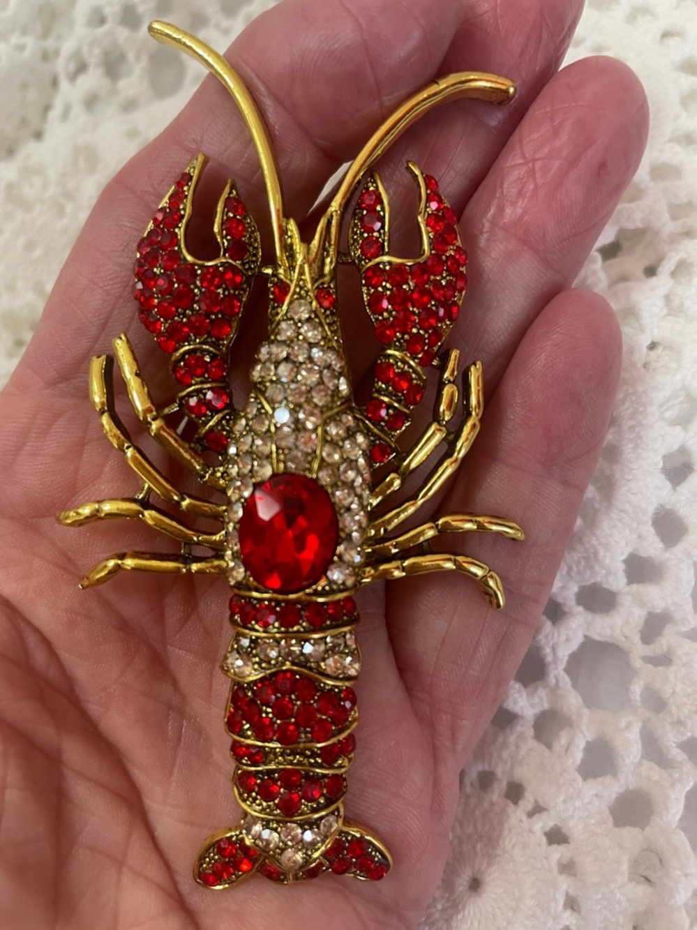 Gold-tone Red Crystal Lobster Brooch. Secure Clasp. Straight pin. 4” - Picture 7 of 7